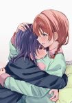  2girls asaka_karin blue_eyes blue_hair blue_pajamas blunt_bangs blush braid commentary_request e_atkenedm emma_verde freckles green_pajamas hand_on_another&#039;s_back hand_on_another&#039;s_head hug long_sleeves looking_at_another love_live! love_live!_nijigasaki_high_school_idol_club medium_hair multiple_girls open_mouth pajamas pillow redhead sidelocks sweat twin_braids upper_body white_background yuri 