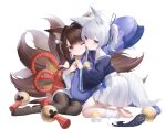  2girls ;/ absurdres aged_down ahoge amagi-chan_(azur_lane) animal_ear_fluff animal_ears azur_lane barefoot bell black_pantyhose blue_eyes blue_kimono blue_ribbon brown_hair child chinese_commentary commentary_request eyeliner fox_ears hair_intakes hair_ribbon hei_wuchang highres japanese_clothes kimono long_sleeves looking_at_viewer makeup manjuu_(azur_lane) multiple_girls multiple_tails pantyhose parted_lips pleated_skirt red_eyeliner red_kimono ribbon shinano-chan_(azur_lane) simple_background skirt tail twintails violet_eyes wavy_mouth white_background white_hair white_leg_warmers white_skirt wide_sleeves 