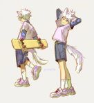  1boy :3 animal_ears arms_behind_head blue_eyes cat_boy cat_ears cat_tail chewing_gum closed_mouth english_commentary from_side holding holding_skateboard hunter_x_hunter killua_zoldyck layered_sleeves long_sleeves looking_at_viewer male_focus multiple_views pottetto shirt shoes short_hair short_over_long_sleeves short_sleeves shorts signature simple_background skateboard smile sneakers socks spiky_hair standing tail walking white_background white_hair white_shirt white_socks 