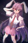  1girl :d animal_ears arm_up blurry blush chromatic_aberration collared_shirt feet_out_of_frame film_grain glitch glowing glowing_eye hair_between_eyes hakubo_(usgr_0) hand_on_own_face hand_on_own_hip long_hair looking_at_viewer miniskirt necktie open_mouth pink_hair pink_skirt pleated_skirt rabbit_ears rabbit_girl red_eyes red_necktie reisen_udongein_inaba shirt short_sleeves skirt smile solo standing tie_clip touhou very_long_hair white_shirt 