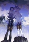  2girls :d absurdres akemi_homura artist_name black_hair black_pantyhose black_skirt blue_sky bow bowtie brown_footwear bubble_skirt chelsea_(qing3567) chinese_commentary clouds collared_jacket commentary_request creature creature_on_shoulder day different_reflection dual_persona frilled_skirt frills from_above glasses glowing glowing_eyes hair_bow hand_on_own_face highres jacket juliet_sleeves kaname_madoka kyubey loafers long_hair long_sleeves mahou_shoujo_madoka_magica mahou_shoujo_madoka_magica_(anime) mitakihara_school_uniform multiple_girls on_shoulder pantyhose pink_hair plaid plaid_skirt puffy_sleeves red-framed_eyewear red_bow red_bowtie reflection reflective_water ripples school_uniform semi-rimless_eyewear shoes short_hair short_twintails skirt sky smile standing straight_hair twintails under-rim_eyewear violet_eyes white_pantyhose white_skirt wide-eyed yellow_jacket 