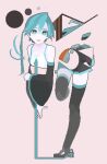  1girl abstract aqua_hair bad_id bad_pixiv_id bare_shoulders blue_eyes blue_hair full_body hatsune_miku long_hair looking_at_viewer lowres sentakki shirt simple_background skirt sleeveless solo solo_focus standing standing_on_one_leg thigh-highs twintails very_long_hair vocaloid 