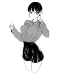  1girl bad_id bad_pixiv_id black_hair breasts collared_shirt dende_(dndn222) earrings greyscale high-waist_shorts highres jewelry large_breasts long_sleeves looking_to_the_side monochrome original scan scan_artifacts shirt shirt_tucked_in short_hair shorts solo standing traditional_media 