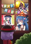  2girls black_hat blue_hair bush cake closed_mouth food food-themed_hair_ornament gift hair_ornament happy_birthday hat highres long_hair multiple_girls nagae_iku outdoors peach_hair_ornament peach_hat_ornament purple_hair red_eyes red_ribbon ribbon ruu_(tksymkw) sun_hat sweatdrop touhou translation_request very_long_hair 