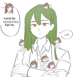  1boy 6+girls ahoge blue_eyes blush_stickers brown_eyes brown_hair coat collared_shirt english_text green_hair hair_ornament hairclip highres hod_(project_moon) lobotomy_corporation mini_person minigirl multiple_girls natsoo_(natsoomeee) necktie netzach_(project_moon) project_moon shirt simple_background white_background 