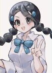 1girl :d absurdres asatte_3z black_hair blue_bow blue_bowtie bow bowtie breasts candice_(pokemon) collared_shirt grey_eyes hair_ornament hand_up highres long_hair medium_breasts multi-tied_hair open_mouth pokemon pokemon_dppt shirt simple_background smile solo teeth twin_braids twintails upper_body upper_teeth_only v white_background white_shirt