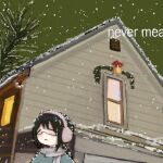  1girl album_cover_redraw american_football_(band) bare_tree bell black_hair blush closed_eyes commentary derivative_work earmuffs english_commentary glasses highres house low_ponytail mi_zukii3 night outdoors parody scarf smile snow_on_head snowing solo tree window 