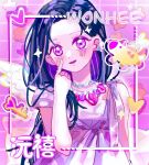  1girl animification blush character_name dress heart illit jewelry k-pop key looking_at_viewer necklace open_mouth purple_dress real_life smile solo sparkle upper_body wings wonhee_(illit) xiao_xiao_nai_mi 