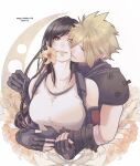  1boy 1girl armor bare_shoulders black_gloves black_hair blonde_hair breasts character_name cheek-to-cheek closed_mouth cloud_strife collarbone commentary_request couple crescent_moon crop_top dated elbow_gloves final_fantasy final_fantasy_vii final_fantasy_vii_rebirth final_fantasy_vii_remake fingerless_gloves flower gloves happy_birthday heads_together highres holding holding_flower hug hug_from_behind large_breasts lips long_hair looking_at_another mixmomo_yah moon pink_lips red_eyes shoulder_armor sleeveless sleeveless_turtleneck smile spiky_hair suspenders sweater swept_bangs tank_top tifa_lockhart turtleneck turtleneck_sweater upper_body white_tank_top 