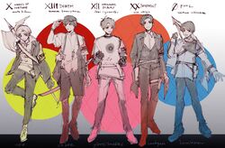  alchemist_academy_uniform axe battle_axe blue_eyes bow_(weapon) chakko_(chromaticafe) english_text hat hiden_aruto highres ichinose_houtarou igarashi_ikki kamen_rider kamen_rider_01_(series) kamen_rider_geats_(series) kamen_rider_gotchard_(series) kamen_rider_revice kamen_rider_saber_(series) kamiyama_touma multiple_boys pants persona persona_3 shirt smile ukiyo_ace weapon 