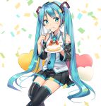  1girl blue_eyes blue_hair blush cake cake_slice collared_shirt confetti detached_sleeves eating food food_on_face fork fruit hair_ornament hatsune_miku headphones heart highres holding holding_fork holding_plate iluka_(ffv7) long_hair looking_to_the_side nail_polish necktie plate pleated_skirt shirt sitting skirt sleeveless sleeveless_shirt smile solo strawberry thigh-highs twintails very_long_hair vocaloid 