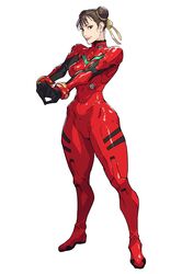  1girl absurdres bodysuit brown_eyes brown_hair chun-li cirenk cosplay double_bun full_body hair_bun hair_ribbon high_collar highres interlocked_fingers looking_at_viewer neon_genesis_evangelion pilot_suit plugsuit red_bodysuit ribbon solo souryuu_asuka_langley souryuu_asuka_langley_(cosplay) street_fighter test_plugsuit white_background yellow_ribbon 