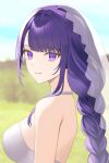  1girl bead_necklace beads braid breasts closed_mouth dress gen_jji genshin_impact hair_ornament highres jewelry long_hair looking_at_viewer necklace purple_hair raiden_shogun very_long_hair violet_eyes white_dress 