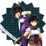  1boy 1girl angry armor bandaged_arm bandages belt black_hair breastplate brother_and_sister china_dress chinese_clothes dress fire_emblem fire_emblem:_genealogy_of_the_holy_war gloves holding holding_sword holding_weapon larcei_(fire_emblem) looking_to_the_side open_mouth purple_tunic scathach_(fire_emblem) serious short_hair shoulder_armor siblings side_slit sidelocks simple_background star_(symbol) sword tomboy tunic twins violet_eyes watabou weapon 