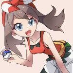  1girl :d bare_shoulders blue_eyes bow brown_hair collarbone fang fanny_pack great_ball hair_bow holding holding_poke_ball looking_at_viewer may_(pokemon) open_mouth poke_ball pokemon pokemon_adventures red_bow red_shirt roy_payne shirt shorts sleeveless sleeveless_shirt smile solo white_background 