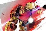  armor artist_name debris glowing glowing_chest glowing_eyes hulkbuster ikuyoan iron_man iron_man_(series) joints looking_at_viewer machine marvel marvel_cinematic_universe mecha_focus power_armor power_suit robot_joints solo upper_body 
