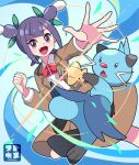  1girl ann_(pokemon) brown_jacket brown_skirt dewott fang green_ribbon hair_ribbon highres holding jacket open_mouth pokemon pokemon_(anime) pokemon_(creature) pokemon_horizons ribbon school_uniform shirt skirt smile sutokame two_side_up white_shirt 