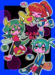  ! !! 1boy 2girls ? arle_nadja black_pants blue_border blue_eyes blue_footwear blue_hair blue_skirt blush_stickers border brown_hair carbuncle_(puyopuyo) chibi chibi_only china_dress chinese_clothes clenched_hand closed_eyes draco_centauros dragon_girl dragon_tail dress fang gloves green_hair green_tail green_wings heart heterochromia highres horns menma_(enaic31) multiple_girls no_nose pants ponytail puyopuyo puyopuyo_fever red_dress red_eyes red_footwear shoes sig_(puyopuyo) skirt speech_bubble spoken_exclamation_mark spoken_heart spoken_question_mark tail translation_request white_gloves white_wristband wings yellow_eyes yellow_horns 