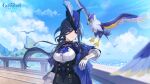  1girl ascot bird black_skirt blue_ascot blue_cape blue_hair blue_sky breasts cape clorinde_(genshin_impact) clouds corset day earrings genshin_impact gloves hat highres jewelry long_hair medium_breasts official_art outdoors parted_lips railing shirt skirt sky solo tricorne upper_body violet_eyes white_gloves white_shirt 