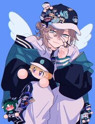  1boy arm_on_own_leg baseball_cap black_hat black_jacket blue_background blue_eyes blue_jacket blue_nails brown_hair character_doll character_request character_sticker elbow_on_knee elira_pendora fake_wings fura_kanato hair_between_eyes hair_bun hat heart_pin highres jacket jewelry kanae_(nijisanji) kuzuha_(nijisanji) leos_vincent looking_at_viewer male_focus multicolored_clothes multicolored_jacket nasi_w2 nijisanji nishizono_chigusa pants petra_gurin ring slit_pupils solo squatting sticker two-tone_jacket v virtual_youtuber white_pants wings zipper zipper_pull_tab 