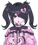  1girl :o alternate_costume ame-chan_(needy_girl_overdose) black_hair black_ribbon chinese_commentary commentary_request frilled_shirt frills hair_ornament hair_over_one_eye hands_up heart heart_hair_ornament heart_hands jirai_kei long_hair long_sleeves looking_at_viewer needy_girl_overdose official_style open_mouth parody pink_shirt pixel_art ribbon shirt simple_background solo style_parody twintails upper_body white_background x_hair_ornament xiao_xin_wei_fu 