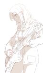  1girl absurdres closed_mouth commentary_request cowboy_shot drawstring earclip electric_guitar girls_band_cry greyscale guitar hariyaa highres hood hoodie instrument jacket kawaragi_momoka long_hair long_sleeves monochrome playing_guitar smile solo 