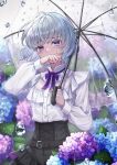  1girl belt black_belt black_skirt blue_eyes blush buttoned_cuffs buttons clenched_hand covering_own_mouth cowboy_shot crying crying_with_eyes_open flower grey_hair hands_up haori high-waist_skirt highres holding holding_umbrella hydrangea japanese_clothes long_sleeves looking_at_viewer neck_ribbon original piroshiki_(piroshiki13) purple_ribbon rain ribbon shirt shirt_tucked_in short_hair skirt solo tears transparent transparent_umbrella umbrella white_shirt 
