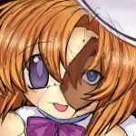  1girl :3 beret blue_eyes bow close-up crack dress hair_intakes hat highres higurashi_no_naku_koro_ni looking_at_viewer open_mouth orange_hair portrait purple_ribbon ribbon ryuuguu_rena short_hair slit_pupils smile solo tlbg139827tlbg violet_eyes white_dress white_hat 