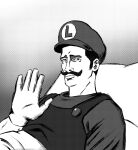  1boy ai-generated_art_(topic) commentary derivative_work english_commentary facial_hair gloves greyscale hat highres luigi lying male_focus monochrome mustache on_back overalls pillow short_hair solo super_mario_bros. triple_o00 under_covers 