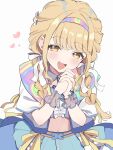  1girl :d absurdres blonde_hair blue_skirt blush bow braid center_frills commentary_request cropped_shirt fang frills fujita_kotone gakuen_idolmaster hair_bow hairband heart highres idol idolmaster jacket long_hair looking_at_viewer midriff multicolored_clothes multicolored_hairband multicolored_jacket navel open_mouth own_hands_together partial_commentary pink_nails ribbon simple_background skin_fang skirt smile solo swept_bangs twin_braids upper_body ura_(hamburg_oniku) white_background white_bow white_jacket wrist_cuffs yellow_eyes yellow_ribbon 