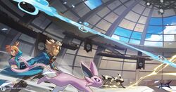  1boy 1girl arm_behind_head aura battle black_fur black_gloves blonde_hair blue_coat blue_eyes bubble circle_facial_mark coat colored_sclera crop_top dome electricity espeon facial_mark forehead_jewel forehead_mark forked_tail from_side gem gloves indoors lightning long_sleeves orange_hair orlek pokemon pokemon_(creature) pokemon_battle pokemon_colosseum purple_fur purple_tank_top red_eyes red_gemstone red_sclera rui_(pokemon) short_hair short_twintails single_shoulder_pad tail tank_top twintails umbreon water wes_(pokemon) wind 