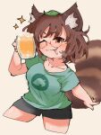  1girl ;) alcohol alternate_costume animal_ear_fluff animal_ears beer beer_mug black_shorts blush brown_hair brown_tail cup futatsuiwa_mamizou glasses green_shirt grey_background hand_up highres holding holding_cup leaf leaf_on_head leaf_print messy_hair mug one_eye_closed orange_eyes pince-nez raccoon_ears raccoon_tail shirt shorts smile smoking solo sparkle tail touhou v-shaped_eyebrows yoshiyuki_(14330975) 