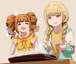 1girl 2girls alternate_costume blonde_hair brown_hair casual commentary_request dated drill_hair food gakuen_idolmaster hair_ornament idolmaster jacket multiple_girls nagian simple_background sparkle spatula sweat table takatsuki_yayoi twin_braids twintails yellow_eyes
