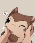  1boy animal_focus brown_fur furret grey_background heart highres kemosuk looking_at_viewer one_eye_closed petting pokemon pokemon_(creature) pov pov_hands simple_background solo_focus speech_bubble spoken_heart two-tone_fur 