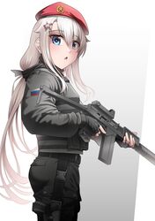  1girl 9a-91 9a-91_(girls&#039;_frontline) absurdres alternate_costume assault_rifle belt beret black_belt black_gloves black_pants blue_eyes bulletproof_vest commission cowboy_shot english_commentary from_side girls_frontline gloves gradient_background grey_background gun handgun hat highres holding holding_gun holding_weapon holster long_hair looking_at_viewer mp-443_grach pants red_beret rifle russian_flag senpaihawkkun simple_background solo tactical_clothes triangle_mouth trigger_discipline weapon white_background white_hair 