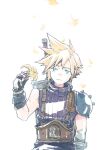  1boy aqua_eyes armor bandaged_arm bandages belt black_gloves blonde_hair blue_pants blue_shirt brown_belt closed_mouth cloud_strife falling_petals final_fantasy final_fantasy_vii final_fantasy_vii_rebirth final_fantasy_vii_remake flower gloves holding holding_flower light_smile lily_(flower) male_focus michibata_65 pants petals shirt short_hair shoulder_armor single_bare_shoulder single_shoulder_pad solo spiky_hair suspenders upper_body white_background yellow_flower yellow_petals 