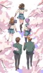  2boys 3girls asahina_mikuru bag black_pants black_socks blue_sailor_collar blue_skirt brown_footwear brown_hair cherry_blossoms commentary_request from_above from_behind green_jacket hair_ribbon hand_in_pocket highres holding holding_bag jacket kita_high_school_uniform kneehighs koizumi_itsuki kyon loafers long_hair long_sleeves medium_hair multiple_boys multiple_girls nagato_yuki okushiro pants pleated_skirt purple_hair ribbon running sailor_collar school_bag school_uniform serafuku shoes skirt socks suzumiya_haruhi suzumiya_haruhi_no_yuuutsu tree walking winter_uniform yellow_ribbon 