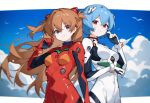  2girls ayanami_rei blue_eyes blue_hair bodysuit breasts closed_mouth clouds cloudy_sky commentary english_commentary hair_between_eyes highres long_hair looking_at_viewer medium_breasts multiple_girls neon_genesis_evangelion orange_hair outdoors plugsuit red_bodysuit red_eyes short_hair sky sleepy_cn small_breasts smile souryuu_asuka_langley twitter_username two_side_up upper_body white_bodysuit 