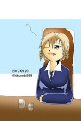  1girl absurdres artist_request black_necktie blonde_hair blue_sweater braid commentary_request dress_shirt drill_hair girls_und_panzer girls_und_panzer_little_army highres kilimanjaro_(girls_und_panzer) necktie on_chair school_uniform shirt signature sitting sleepy sweater table west_kureoji_grona_school_uniform white_shirt 