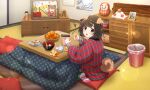  1girl :o animal_ears artist_request blunt_bangs bowl brown_hair chopsticks controller curled_tail cushion dog_ears dog_girl dog_tail drawer floppy_ears food from_above fruit hair_ornament hairpin holding holding_food holding_fruit indoors kotatsu looking_at_viewer mandarin_orange official_art on_floor open_mouth peeling red_robe remote_control robe shibarin_(show_by_rock!!) short_hair show_by_rock!! sitting socks solo sparkle table tail tatami teapot television third-party_source trash_can wariza yellow_eyes 