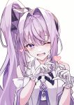  1girl :d absurdres ai-chan_(arcaea) arcaea black_neckerchief blush collared_shirt detached_sleeves diamond-shaped_pupils diamond_(shape) gloves hair_between_eyes hair_intakes heart heart_hands high_side_ponytail highres long_hair long_sleeves looking_at_viewer lower_teeth_only miyu_(miy_u1308) neckerchief one_eye_closed open_mouth purple_hair shirt sidelocks simple_background sleeveless sleeveless_shirt smile solo symbol-shaped_pupils teeth upper_body violet_eyes white_background white_gloves white_shirt white_sleeves 