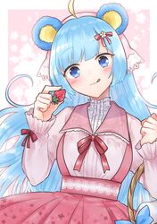  1girl :q ahoge animal_ears bear_ears blue_eyes blue_hair border center_frills food frilled_shirt frilled_sleeves frills fruit hair_ribbon hands_up head_scarf highres holding holding_food holding_fruit long_hair mikan_tabetai neck_ribbon outside_border pink_background pink_shirt pink_skirt ribbon shirt show_by_rock!! simple_background skirt smile solo strawberry tongue tongue_out tsukino_(show_by_rock!!) upper_body white_border 