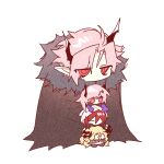  2boys 2girls arknights ascalon_(arknights) asymmetrical_horns black_cape black_horns blonde_hair cape chibi chinese_commentary commentary_request fur-trimmed_cape fur_trim grey_eyes highres hood hood_up horns jitome ling_s long_hair manfred_(arknights) multiple_boys multiple_girls pink_hair pointy_ears purple_horns red_eyes red_pupils redhead short_hair simple_background theresa_(arknights) theresis_(arknights) white_background 