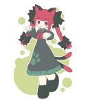  1girl acid_burritos animal_ears black_footwear braid cat_ears cat_girl cat_tail closed_mouth dress extra_ears full_body green_dress highres kaenbyou_rin long_hair long_sleeves looking_at_viewer multiple_tails red_eyes redhead side_braids solo tail touhou twin_braids two_tails 