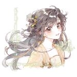  1girl absurdres bad_source black_hair blush brown_eyes chinese_clothes chuanhe_duanduanzi duijin_ruqun earrings flower hair_flower hair_ornament hanfu highres jewelry long_hair looking_at_viewer original shuangyaji simple_background smile solo upper_body white_background 