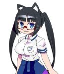  1girl animal_ears aoi_ch. black_hair blue_eyes blue_skirt blunt_bangs breast_pocket breasts cannsk cat_ears commentary_request fuji_aoi glasses large_breasts mole mole_under_eye pocket red-framed_eyewear semi-rimless_eyewear shirt skirt smile solo thick_eyebrows twintails under-rim_eyewear upper_body virtual_youtuber white_shirt 