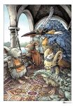  3boys bird blue_bird border cape commentary david_petersen english_commentary fantasy full_body furry furry_male glasses male_focus mouse_boy mouseguard_(comic) multiple_boys no_humans official_art polearm rug spear sword weapon western_comics_(style) white_border 