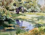  3boys akemisuisai day forest grass highres lily_pad multiple_boys nature no_humans original painting_(medium) park pond reflection reflective_water scenery shadow sunlight traditional_media tree tree_shade water watercolor_(medium) 