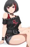  1girl absurdres arm_belt armpit_crease badge bang_dream! bare_shoulders belt belt_buckle black_belt black_collar black_hair black_shirt breasts buckle button_badge collar collarbone commentary_request crossed_legs cutoffs feet_out_of_frame grey_shorts hand_on_own_knee highres light_blush lock looking_at_viewer medium_breasts mitake_ran multicolored_hair noshimurin off-shoulder_shirt off_shoulder padlock padlocked_collar parted_lips pink_eyes print_shirt red_tank_top redhead shadow shirt short_hair short_shorts shorts simple_background sitting solo star_(symbol) streaked_hair studded_belt studded_collar tank_top two-tone_hair union_jack white_background 