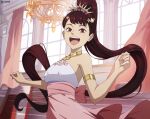  1girl armlet armpits bare_shoulders black_clover black_clover_m:_rise_of_the_wizard_king blush brown_eyes brown_hair chandelier gold_armlet high_ponytail indoors kahono long_hair looking_at_viewer official_alternate_costume official_art open_mouth pink_curtains pink_skirt ponytail shell_hair_ornament shirt skirt sleeveless sleeveless_shirt solo teeth upper_teeth_only very_long_hair white_shirt window 